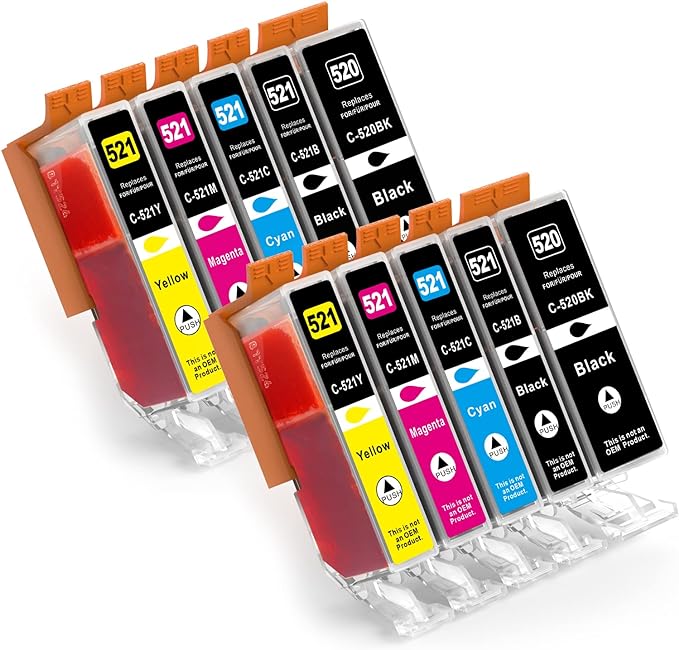 Set 10 cartuse cerneala compatibile Canon PG520 CLI521, 2x Black, 2x Cyan, 2x Magenta, 2x Yellow, Multipack