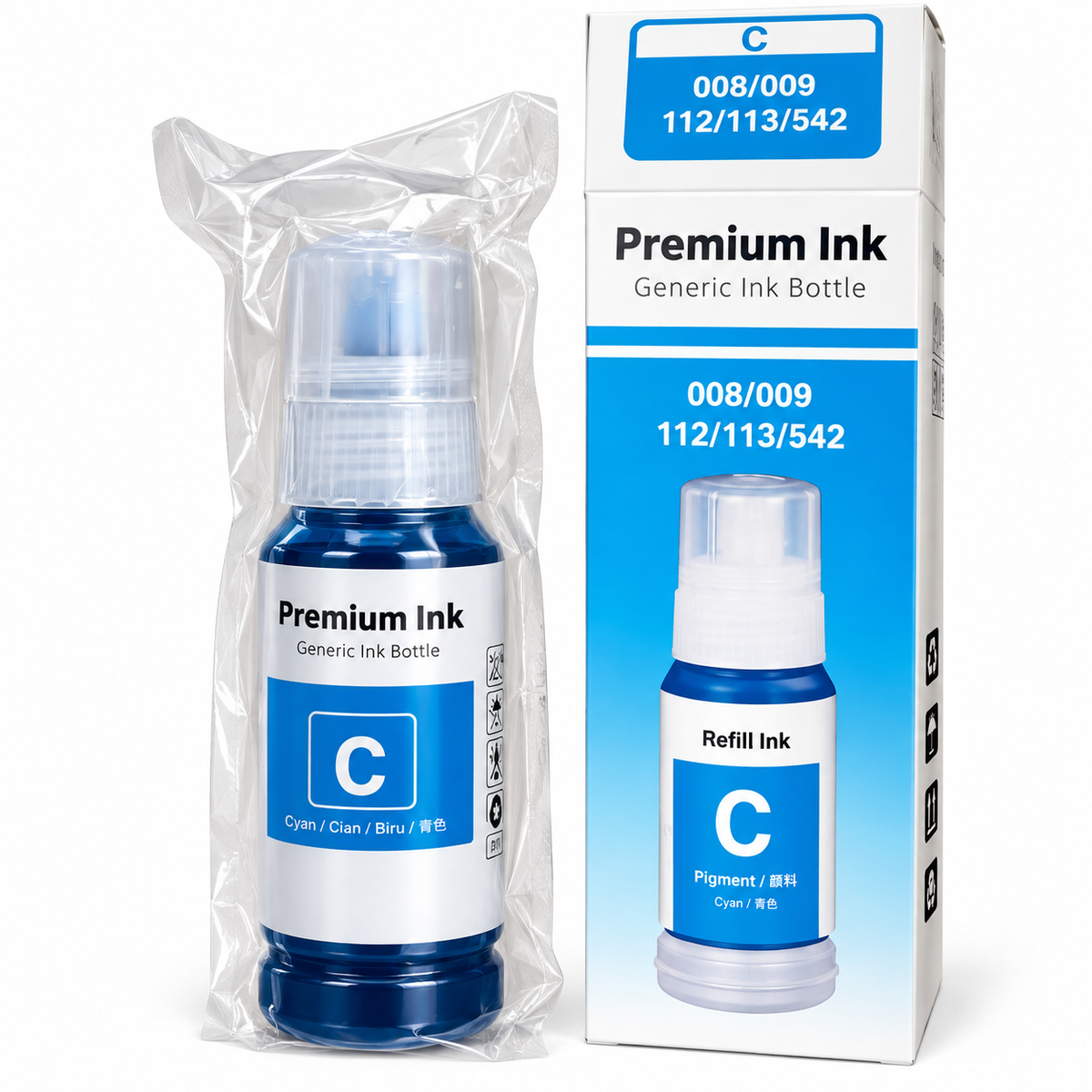 Flacon cerneală compatibil Epson 112 / 113 cyan (C13T06C24A), 70 ml, lângă ambalaj, pentru EcoTank L6570, L15150, ET-5800