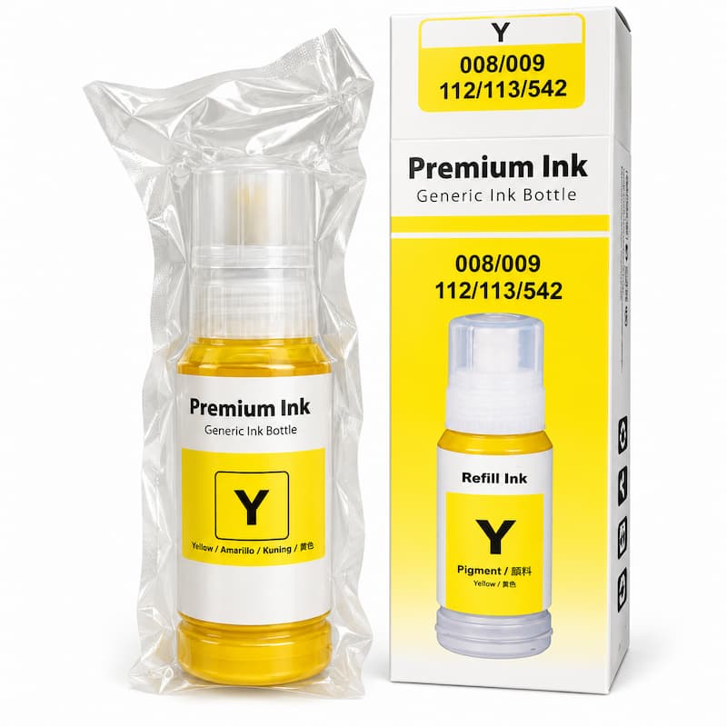 Flacon cerneală compatibil Epson 112 / 113 galben (C13T06C44A), 70 ml, lângă ambalaj, pentru EcoTank L6570, L15150, ET-5800